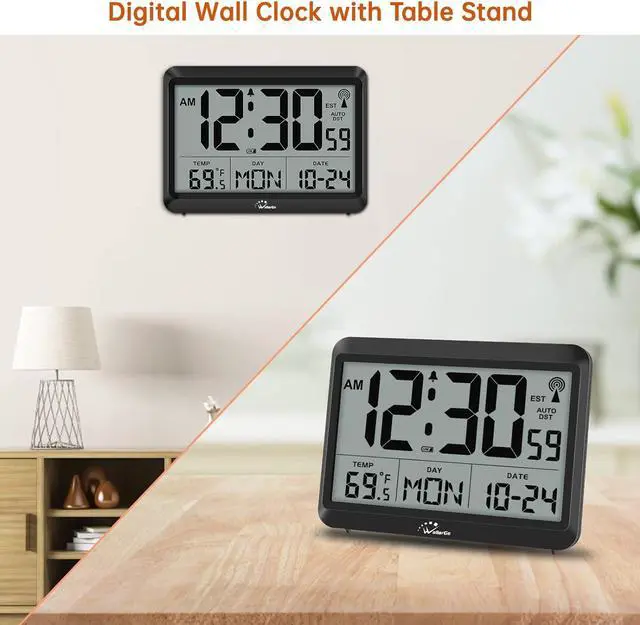 Alt view image 3 of 7 - WallarGe Atomic Digital Wall Clock Battery Operated, Self-Setting, Large Display with Temperature, Date, Day of The Week, Silent Wall Mount Digital Clock, 4 Time Zones, DST