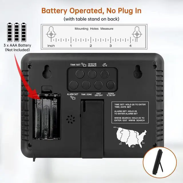 Alt view image 4 of 7 - WallarGe Atomic Digital Wall Clock Battery Operated, Self-Setting, Large Display with Temperature, Date, Day of The Week, Silent Wall Mount Digital Clock, 4 Time Zones, DST