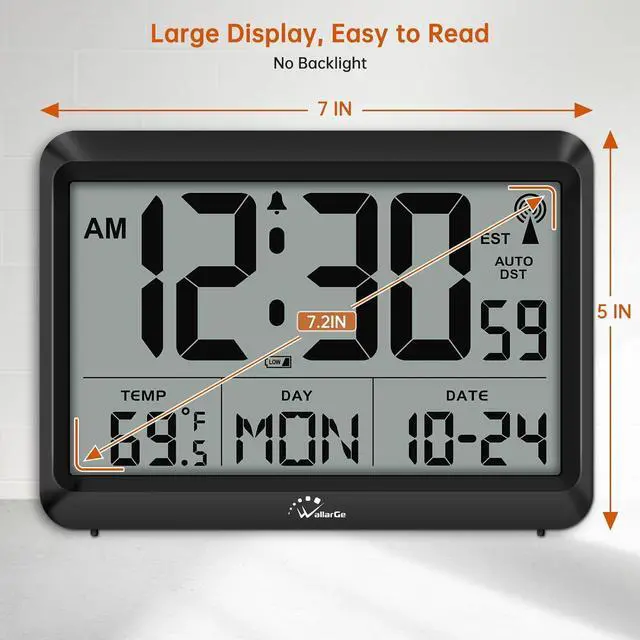 Alt view image 5 of 7 - WallarGe Atomic Digital Wall Clock Battery Operated, Self-Setting, Large Display with Temperature, Date, Day of The Week, Silent Wall Mount Digital Clock, 4 Time Zones, DST