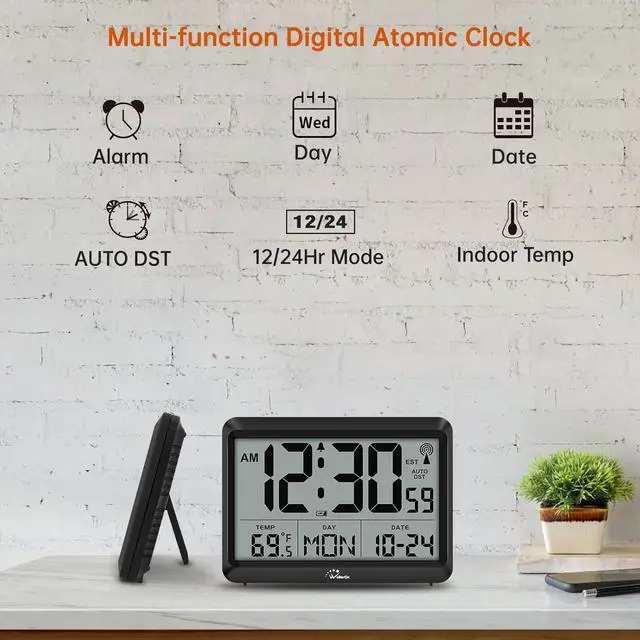 Alt view image 6 of 7 - WallarGe Atomic Digital Wall Clock Battery Operated, Self-Setting, Large Display with Temperature, Date, Day of The Week, Silent Wall Mount Digital Clock, 4 Time Zones, DST