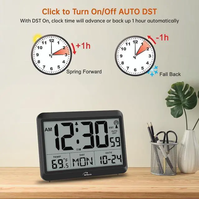 Alt view image 7 of 7 - WallarGe Atomic Digital Wall Clock Battery Operated, Self-Setting, Large Display with Temperature, Date, Day of The Week, Silent Wall Mount Digital Clock, 4 Time Zones, DST