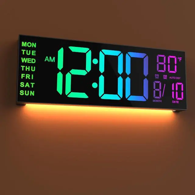 Main image of JALL 16" Large Digital Wall Mount Clock, Count Down Timer, Alarm, Big LED, 8 RGB Color, DST, Temperature for Living Room Classroom Desk, Xmas, Birthday Gift for Senior Mom Dad (Black, 16 inches)