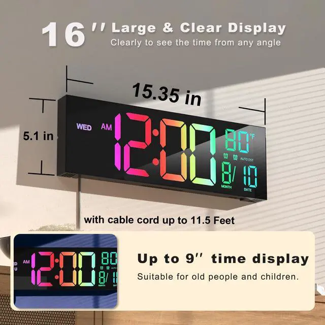 Alt view image 2 of 7 - JALL 16" Large Digital Wall Mount Clock, Count Down Timer, Alarm, Big LED, 8 RGB Color, DST, Temperature for Living Room Classroom Desk, Xmas, Birthday Gift for Senior Mom Dad (Black, 16 inches)