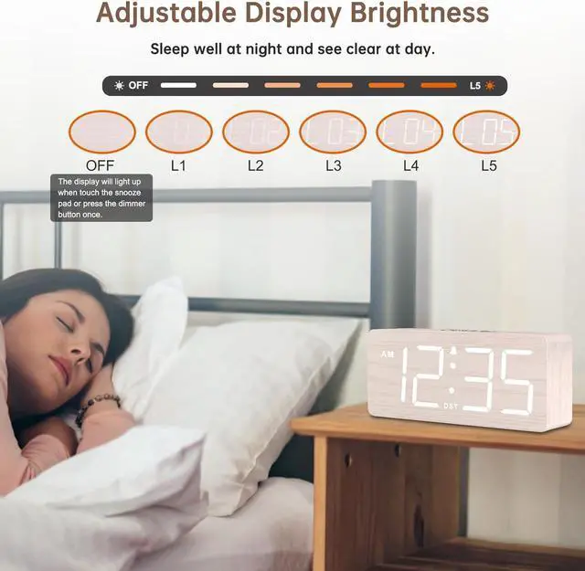 Alt view image 4 of 6 - DreamSky Wooden Digital Alarm Clock for Bedroom - Desk Clock for Living Room with Large Numbers, Dimmer, Loud Alarm for Heavy Sleepers with Volume Control, DST, Office Wood Decor (Adapter Powered)