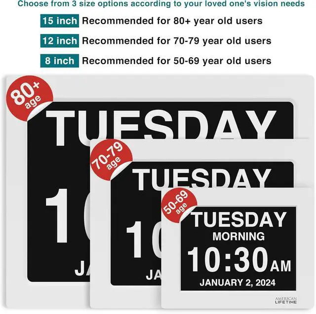 Alt view image 3 of 7 - American Lifetime New 2025 Dementia Clock Large for Seniors, Digital Clock Large Display with Custom Alarms, Clock with Day & Date for Elderly, Number Digital Clock 12 Inches White