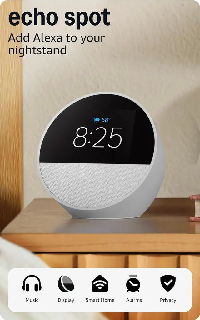 Main image of Echo Spot (newest model), Great for nightstands, offices and kitchens, Smart alarm clock with Alexa, Glacier White