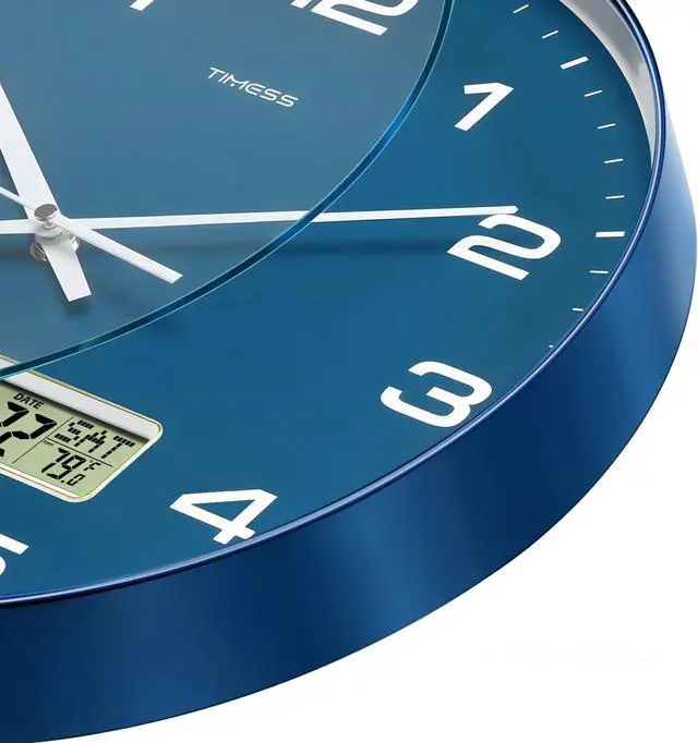 Alt view image 3 of 6 - Wall Clock, 12" Dial Non-Ticking Silent Battery Operated Analog with LCD Display for Perpetual Calendar and F° Temperature, Ideal Modern Home, Bedroom, Kitchen, Office Decor (Blue)