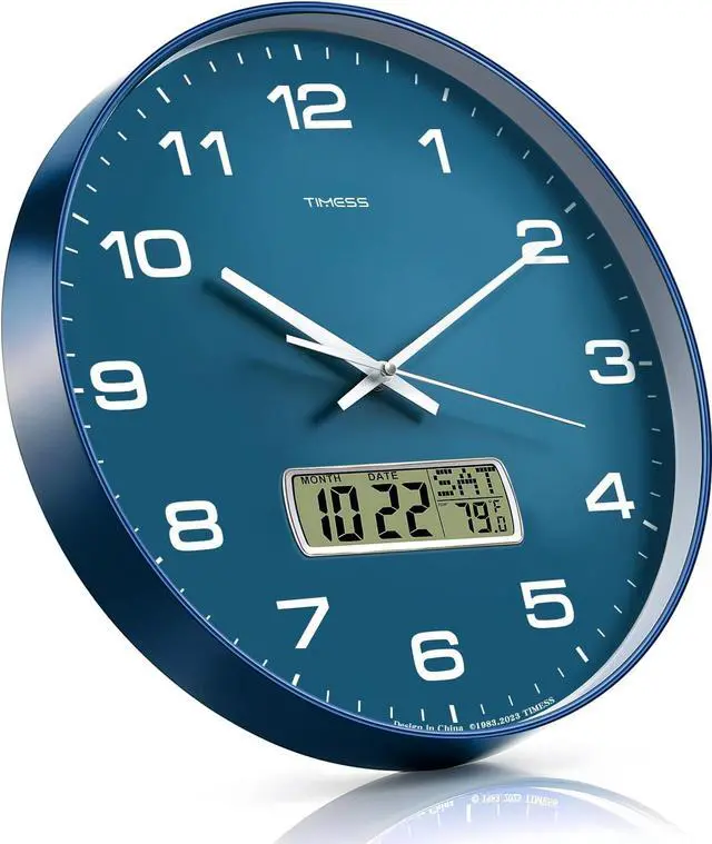 Alt view image 5 of 6 - Wall Clock, 12" Dial Non-Ticking Silent Battery Operated Analog with LCD Display for Perpetual Calendar and F° Temperature, Ideal Modern Home, Bedroom, Kitchen, Office Decor (Blue)