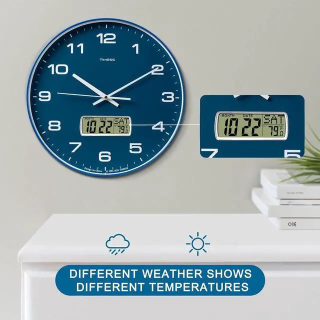 Alt view image 6 of 6 - Wall Clock, 12" Dial Non-Ticking Silent Battery Operated Analog with LCD Display for Perpetual Calendar and F° Temperature, Ideal Modern Home, Bedroom, Kitchen, Office Decor (Blue)