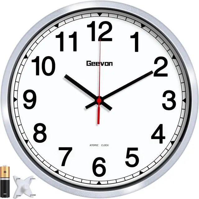 Main image of Geevon 12 Inch Atomic Wall Clock - Self-Setting Analog Clock with Automatic Time Sync - Battery Operated for Home Office School - Silver Frame