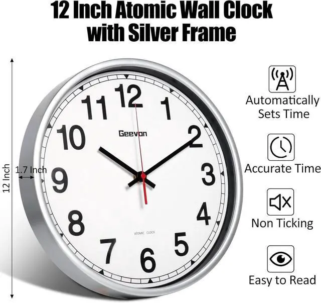 Alt view image 2 of 7 - Geevon 12 Inch Atomic Wall Clock - Self-Setting Analog Clock with Automatic Time Sync - Battery Operated for Home Office School - Silver Frame