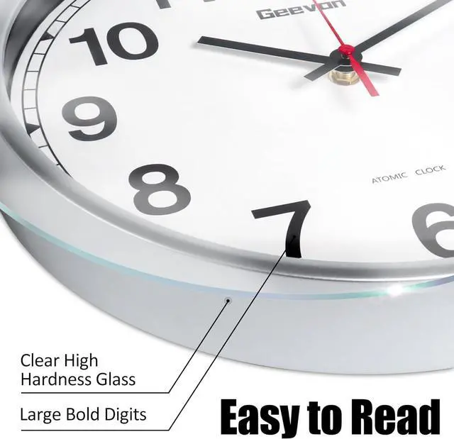 Alt view image 3 of 7 - Geevon 12 Inch Atomic Wall Clock - Self-Setting Analog Clock with Automatic Time Sync - Battery Operated for Home Office School - Silver Frame