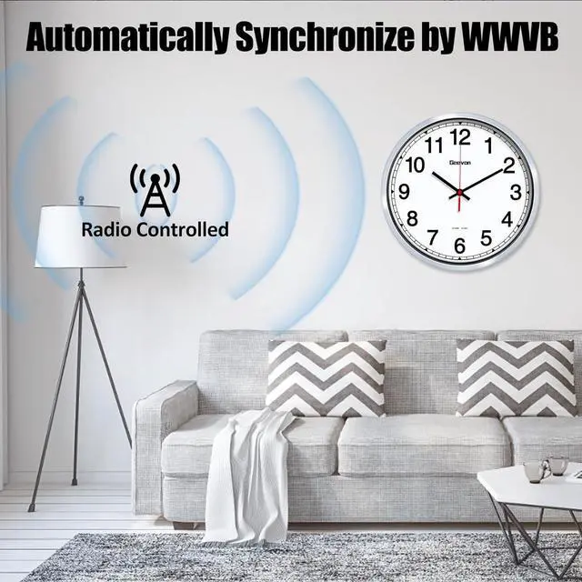 Alt view image 4 of 7 - Geevon 12 Inch Atomic Wall Clock - Self-Setting Analog Clock with Automatic Time Sync - Battery Operated for Home Office School - Silver Frame