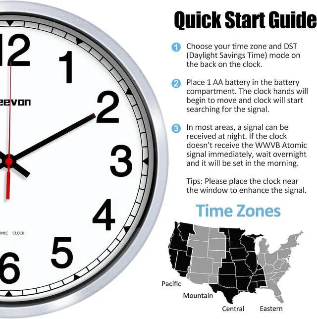 Alt view image 6 of 7 - Geevon 12 Inch Atomic Wall Clock - Self-Setting Analog Clock with Automatic Time Sync - Battery Operated for Home Office School - Silver Frame