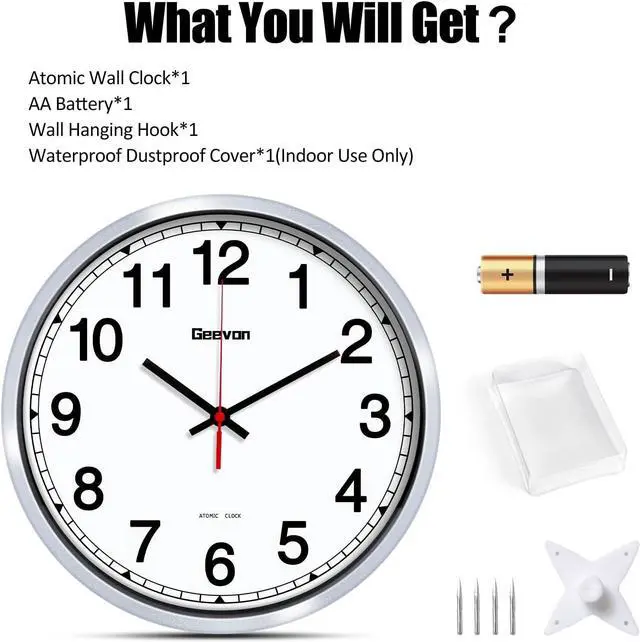 Alt view image 7 of 7 - Geevon 12 Inch Atomic Wall Clock - Self-Setting Analog Clock with Automatic Time Sync - Battery Operated for Home Office School - Silver Frame