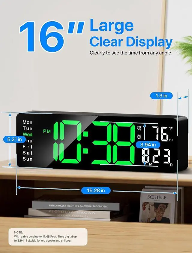 Alt view image 2 of 7 - MASHI Digital Wall Clock, 16" Large Display Digital Clock with Remote Control, Auto-Dimming Wall Clock with Night Light, DST, Date Week,Temp for Living Room, Bedroom, Decor, Gift for Elderly
