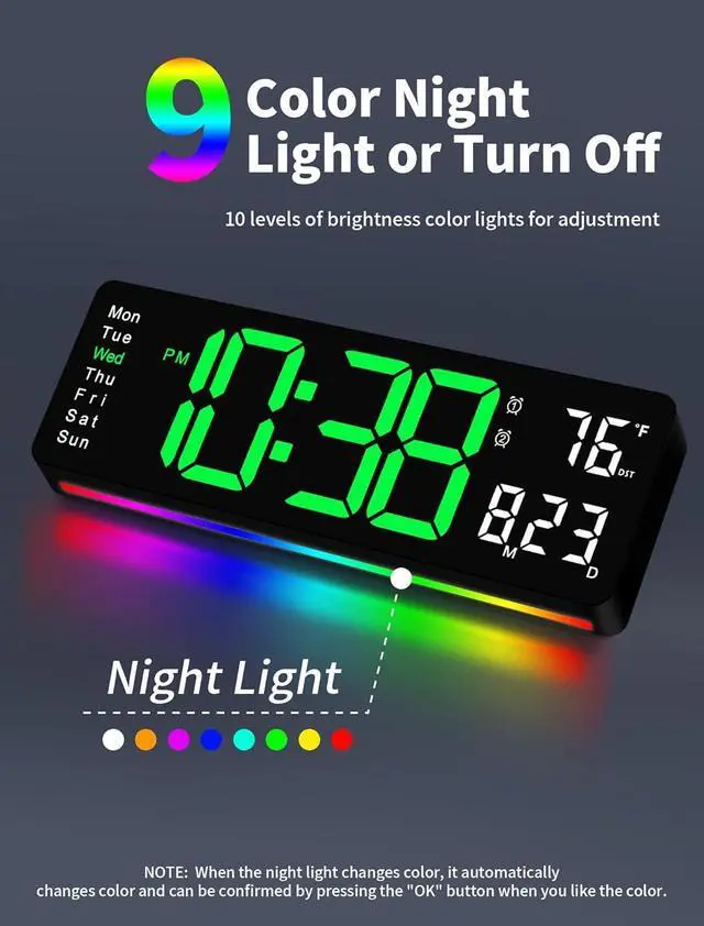 Alt view image 3 of 7 - MASHI Digital Wall Clock, 16" Large Display Digital Clock with Remote Control, Auto-Dimming Wall Clock with Night Light, DST, Date Week,Temp for Living Room, Bedroom, Decor, Gift for Elderly