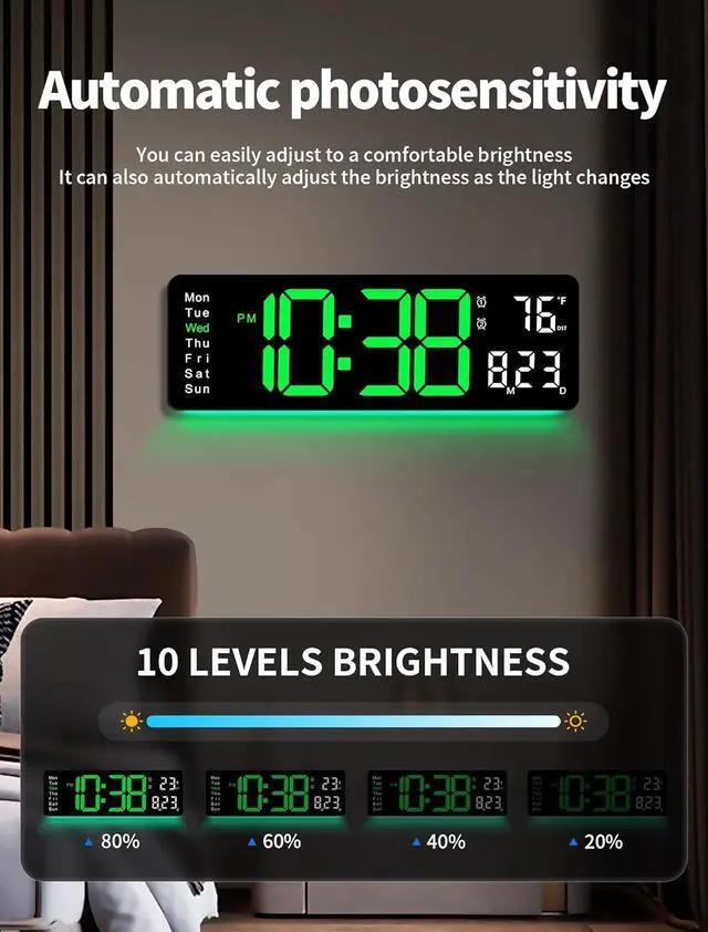 Alt view image 4 of 7 - MASHI Digital Wall Clock, 16" Large Display Digital Clock with Remote Control, Auto-Dimming Wall Clock with Night Light, DST, Date Week,Temp for Living Room, Bedroom, Decor, Gift for Elderly