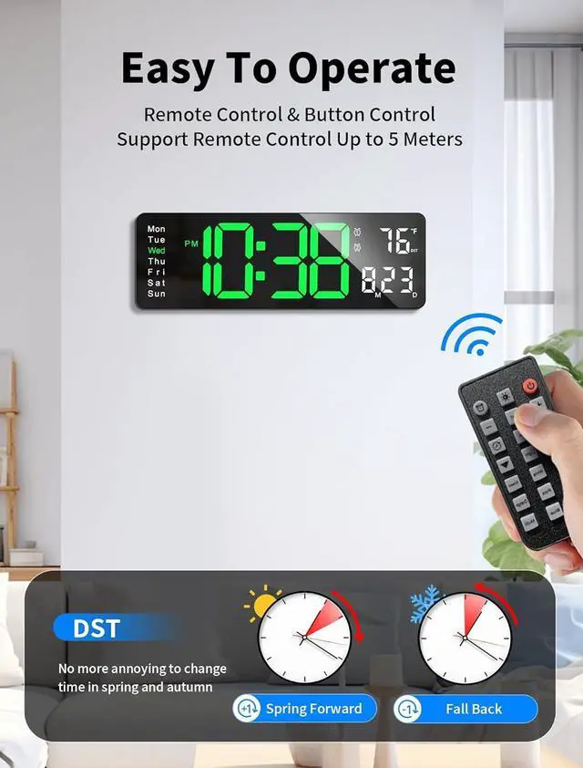 Alt view image 5 of 7 - MASHI Digital Wall Clock, 16" Large Display Digital Clock with Remote Control, Auto-Dimming Wall Clock with Night Light, DST, Date Week,Temp for Living Room, Bedroom, Decor, Gift for Elderly