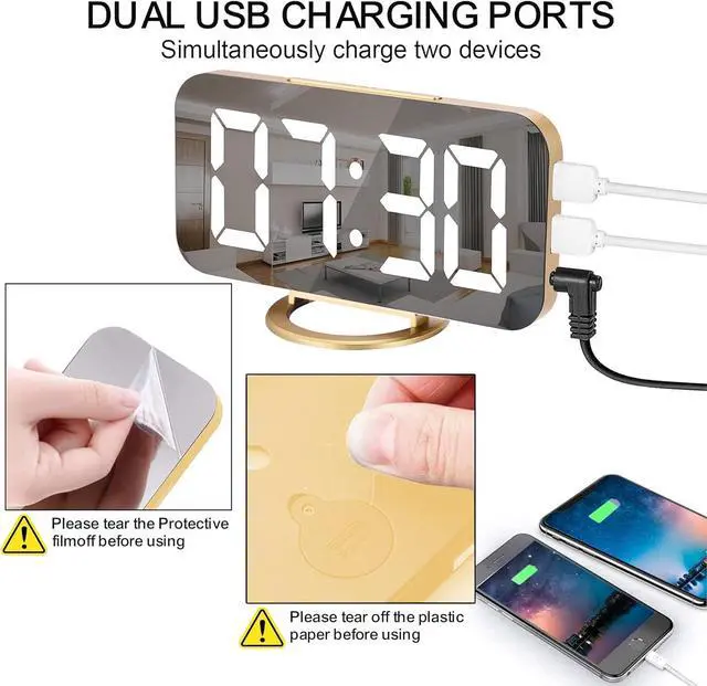 Alt view image 7 of 7 - SZELAM Digital Alarm Clock,LED and Mirror Desk Clock Large Display,with Dual USB Charger Ports,3 Levels Brightness,12/24H,Modern Electronic Clock for Bedroom Home Living Room Office - Gold