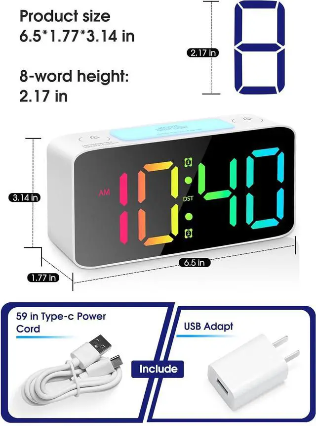 Alt view image 2 of 6 - Cadmos Super Loud Alarm Clock for Heavy Sleepers Adults,Digital Clock with 7 Color NightLight,Adjustable Volume,USB Charger,Small Clocks for Bedrooms,Ok to Wake Up for Kids,Teens (White+RGB)