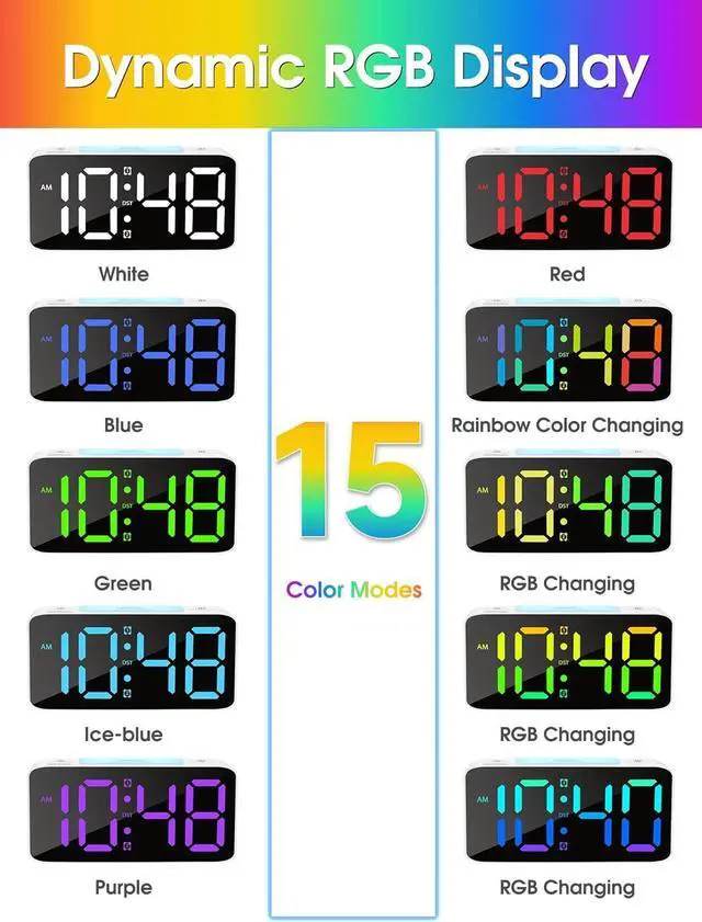 Alt view image 3 of 6 - Cadmos Super Loud Alarm Clock for Heavy Sleepers Adults,Digital Clock with 7 Color NightLight,Adjustable Volume,USB Charger,Small Clocks for Bedrooms,Ok to Wake Up for Kids,Teens (White+RGB)