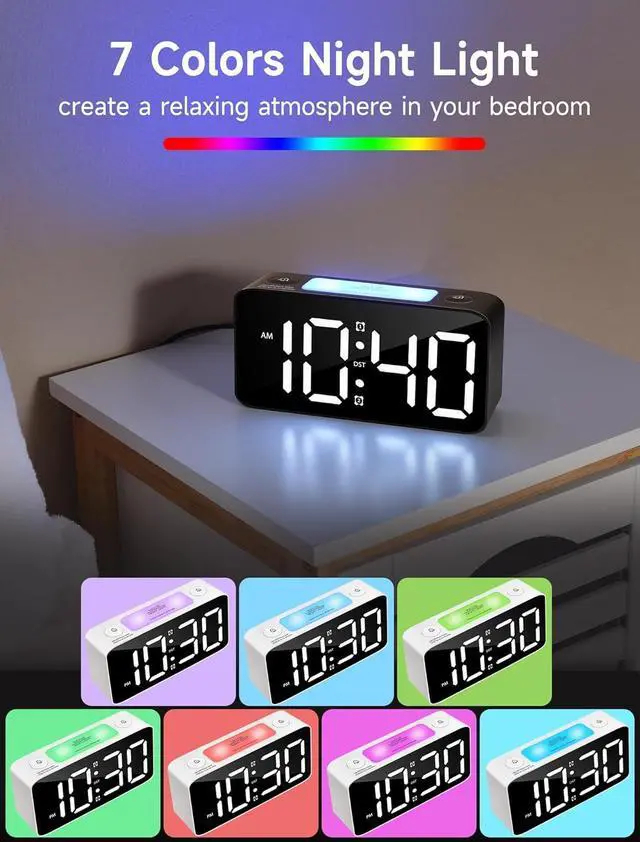Alt view image 4 of 6 - Cadmos Super Loud Alarm Clock for Heavy Sleepers Adults,Digital Clock with 7 Color NightLight,Adjustable Volume,USB Charger,Small Clocks for Bedrooms,Ok to Wake Up for Kids,Teens (White+RGB)