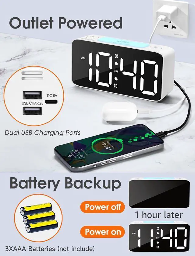 Alt view image 6 of 6 - Cadmos Super Loud Alarm Clock for Heavy Sleepers Adults,Digital Clock with 7 Color NightLight,Adjustable Volume,USB Charger,Small Clocks for Bedrooms,Ok to Wake Up for Kids,Teens (White+RGB)