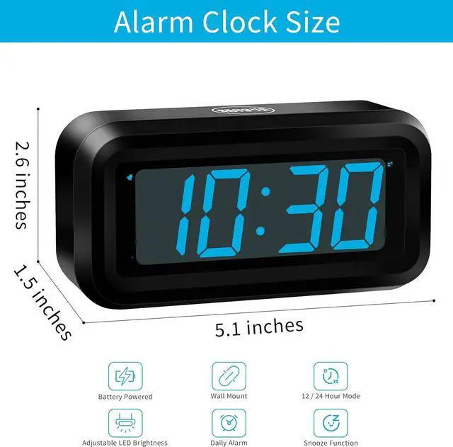 Alt view image 2 of 7 - KWANWA Alarm Clock, Digital Clock, Constantly 1.2'' LED Blue Digits Display, Battery Powered, Snooze, Small Wall Clock, Desk Clock, Clock for Bedroom, Alarm Clock for Heavy Sleepers