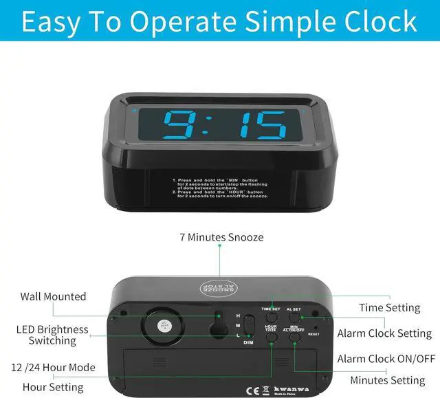 Alt view image 6 of 7 - KWANWA Alarm Clock, Digital Clock, Constantly 1.2'' LED Blue Digits Display, Battery Powered, Snooze, Small Wall Clock, Desk Clock, Clock for Bedroom, Alarm Clock for Heavy Sleepers