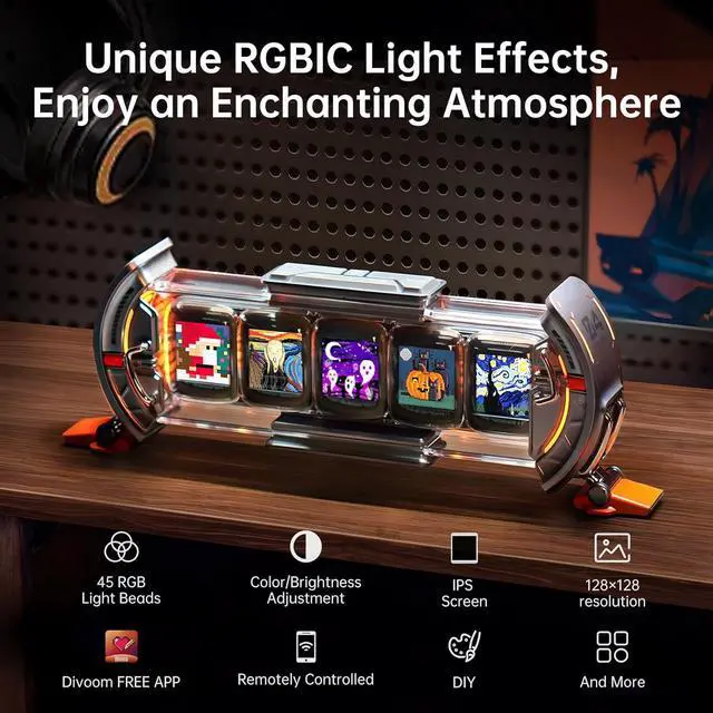 Alt view image 4 of 7 - Divoom Times Gate - Cyberpunk Gaming Setup Digital Alarm Clock, Smart APP, WiFi Connect, RGB LED Display, Personalized Financial & Bitcoin Dashboard, Pixel Art for Gaming Room & Office Decor, Silver