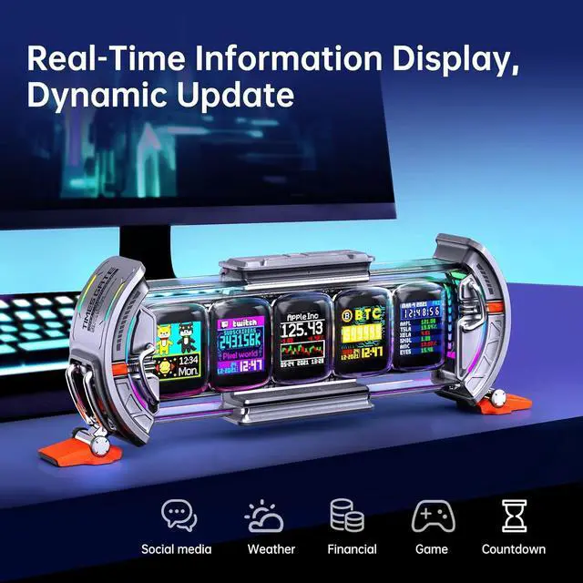 Alt view image 3 of 7 - Divoom Times Gate - Cyberpunk Gaming Setup Digital Alarm Clock, Smart APP, WiFi Connect, RGB LED Display, Personalized Financial & Bitcoin Dashboard, Pixel Art for Gaming Room & Office Decor, Silver