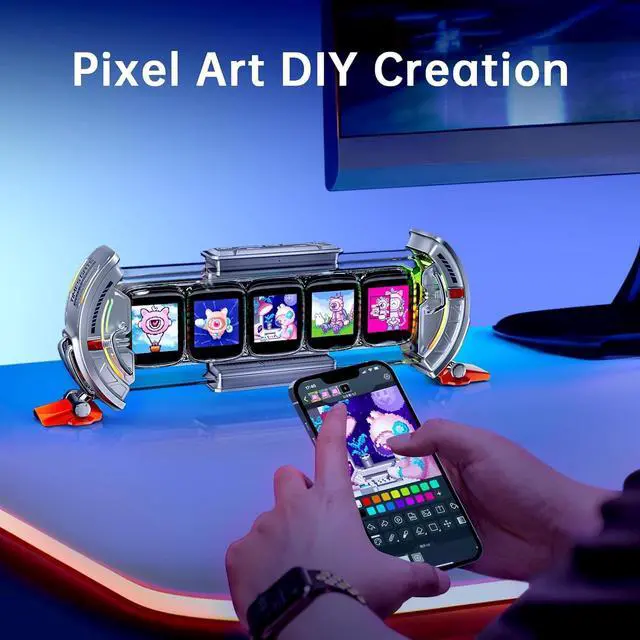 Alt view image 5 of 7 - Divoom Times Gate - Cyberpunk Gaming Setup Digital Alarm Clock, Smart APP, WiFi Connect, RGB LED Display, Personalized Financial & Bitcoin Dashboard, Pixel Art for Gaming Room & Office Decor, Silver