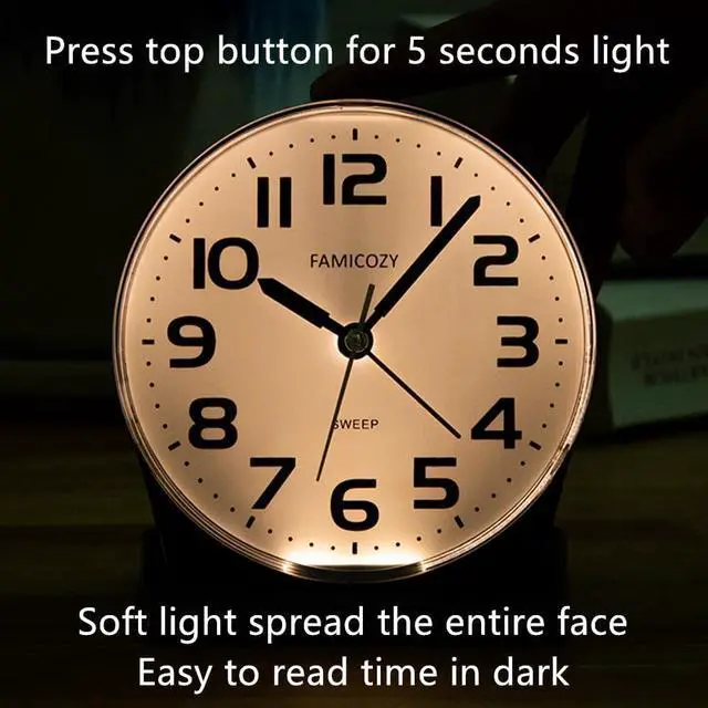 Alt view image 5 of 7 - FAMICOZY 4.5" No Ticking Analog Alarm Clock,Silent Readable for Seniors,Easy to Set,Gradual Rise Alarm,Big Numbers,On/Off Switch on Side,Gentle Wake,Snooze Soft Backlight,Battery Operated,Black