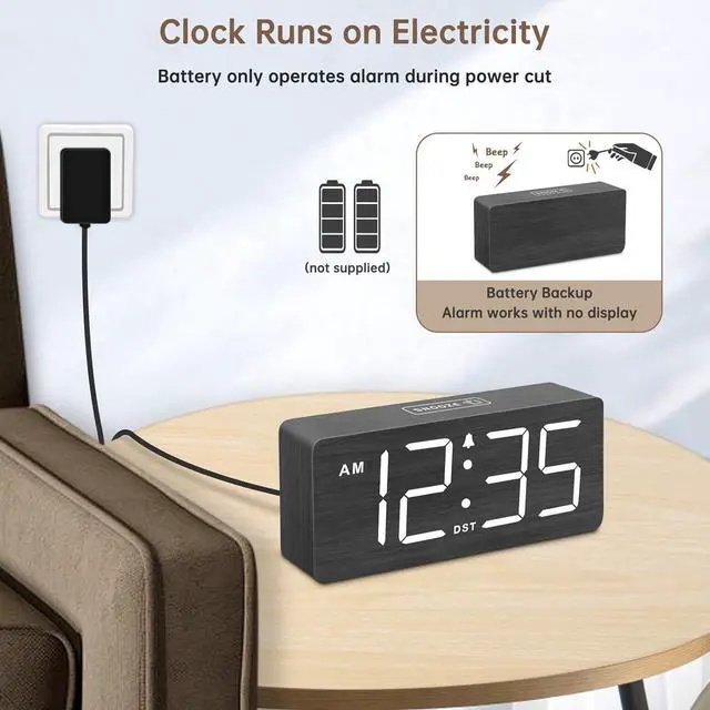 Alt view image 2 of 7 - DreamSky Wooden Digital Alarm Clock for Bedroom - Loud Alarm Clock for Heavy Sleepers with Volume Control, Desk Clocks for Living Room with Large Numbers, Dimmer, DST, Wood Decor (Adapter Powered)