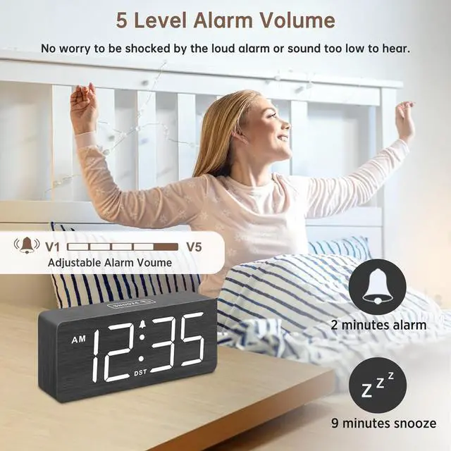 Alt view image 3 of 7 - DreamSky Wooden Digital Alarm Clock for Bedroom - Loud Alarm Clock for Heavy Sleepers with Volume Control, Desk Clocks for Living Room with Large Numbers, Dimmer, DST, Wood Decor (Adapter Powered)