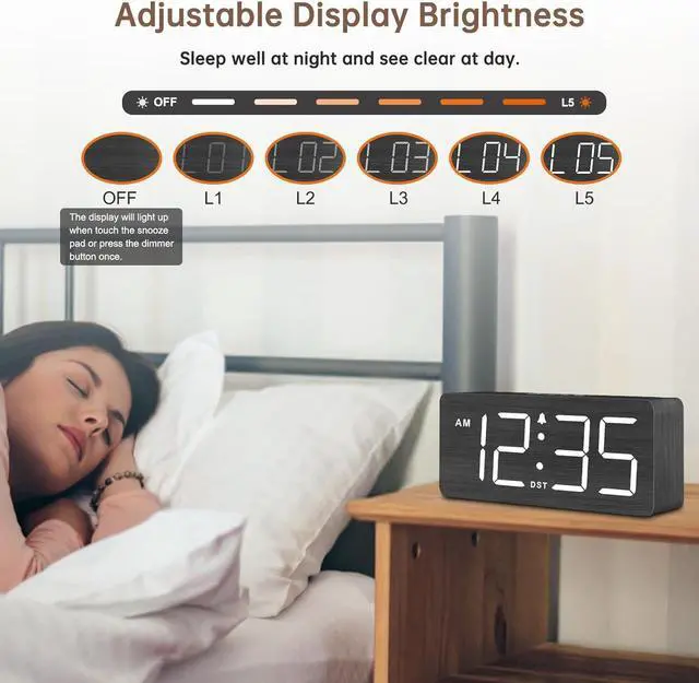 Alt view image 4 of 7 - DreamSky Wooden Digital Alarm Clock for Bedroom - Loud Alarm Clock for Heavy Sleepers with Volume Control, Desk Clocks for Living Room with Large Numbers, Dimmer, DST, Wood Decor (Adapter Powered)