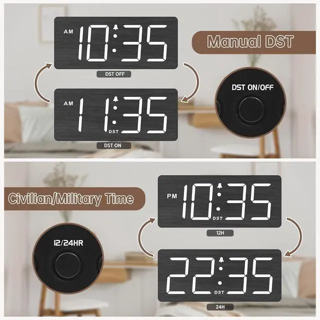 Alt view image 5 of 7 - DreamSky Wooden Digital Alarm Clock for Bedroom - Loud Alarm Clock for Heavy Sleepers with Volume Control, Desk Clocks for Living Room with Large Numbers, Dimmer, DST, Wood Decor (Adapter Powered)