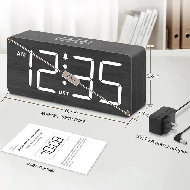 Alt view image 6 of 7 - DreamSky Wooden Digital Alarm Clock for Bedroom - Loud Alarm Clock for Heavy Sleepers with Volume Control, Desk Clocks for Living Room with Large Numbers, Dimmer, DST, Wood Decor (Adapter Powered)