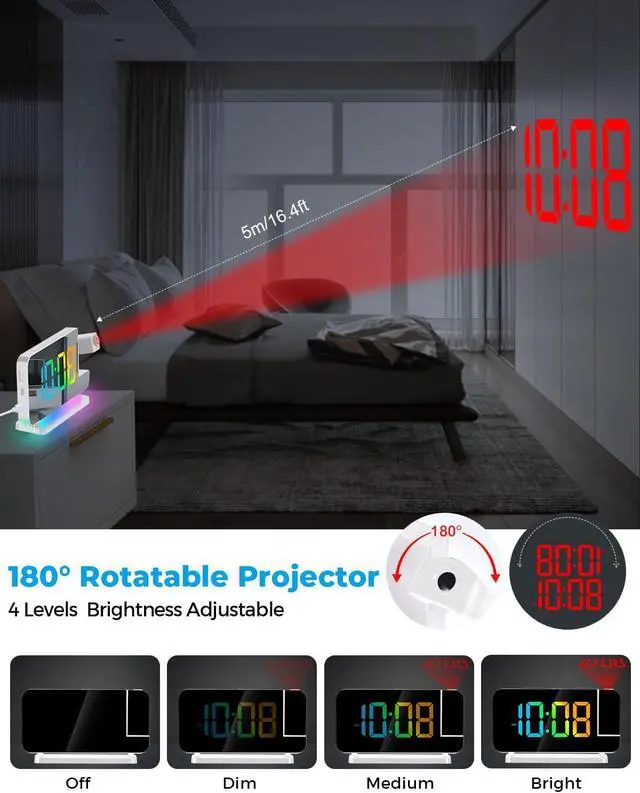 Alt view image 3 of 7 - SZELAM Projection Alarm Clock,7.4" LED Mirror Digital Clocks Large Display,with 180° Rotatable Projector,RGB Night Light,USB C Port,Auto Dimming,Modern Desk Clock for Bedroom Decor - White