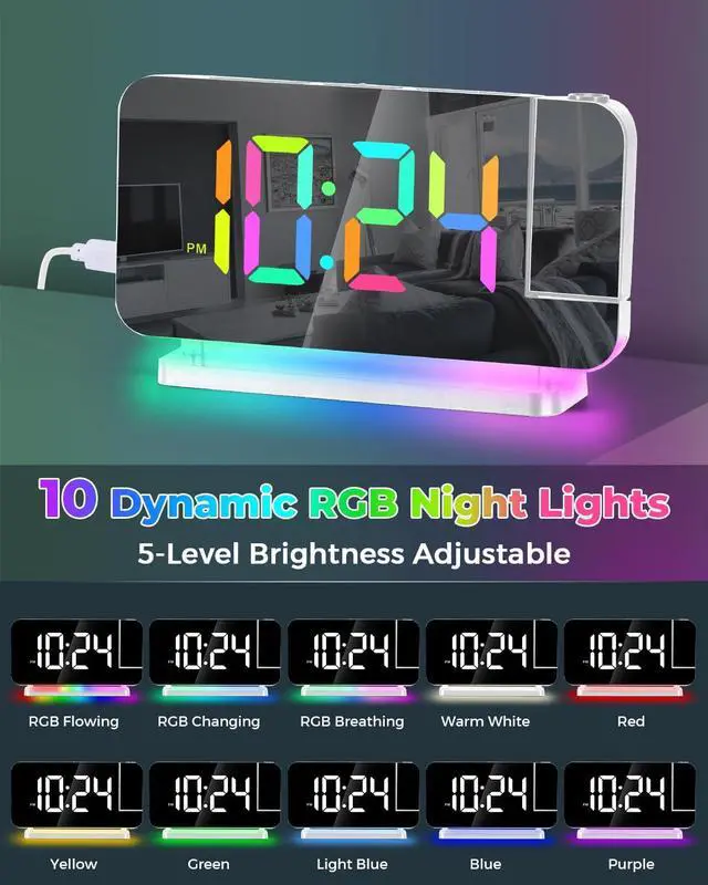 Alt view image 4 of 7 - SZELAM Projection Alarm Clock,7.4" LED Mirror Digital Clocks Large Display,with 180° Rotatable Projector,RGB Night Light,USB C Port,Auto Dimming,Modern Desk Clock for Bedroom Decor - White