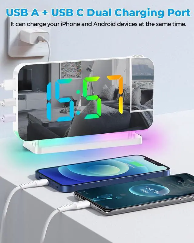Alt view image 6 of 7 - SZELAM Projection Alarm Clock,7.4" LED Mirror Digital Clocks Large Display,with 180° Rotatable Projector,RGB Night Light,USB C Port,Auto Dimming,Modern Desk Clock for Bedroom Decor - White