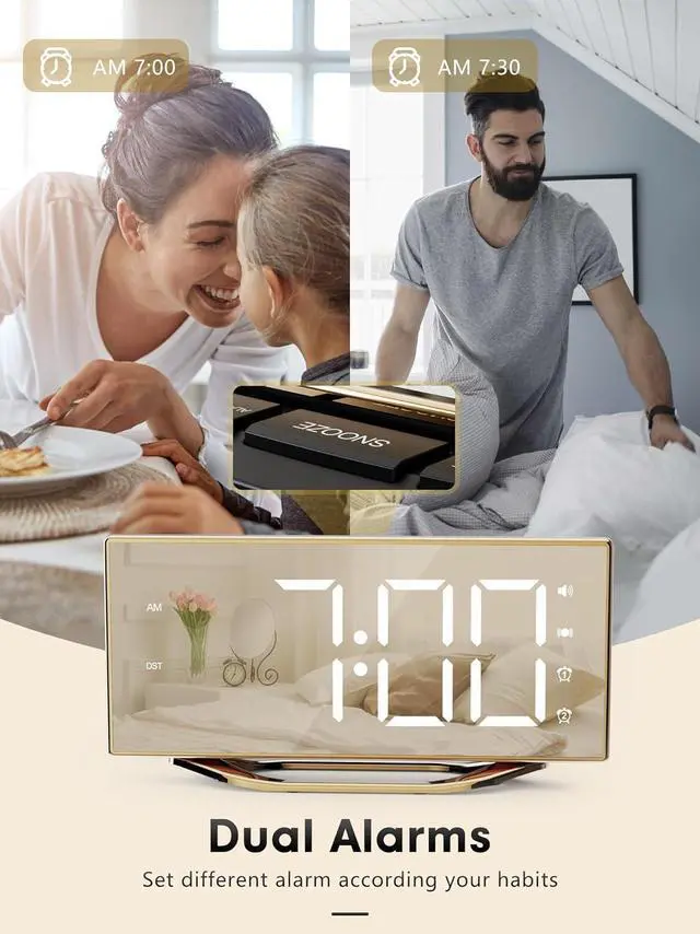 Alt view image 4 of 7 - Loud Alarm Clock for Heavy Sleeper, 2 Alarms Big Display Clock with Bed Shaker for Hard of Hearing Deaf,Plug in Bedroom Mirror Clock,Phone Charger,Dimmer,Simple Digital Clock for Senior Adult Teen Kid