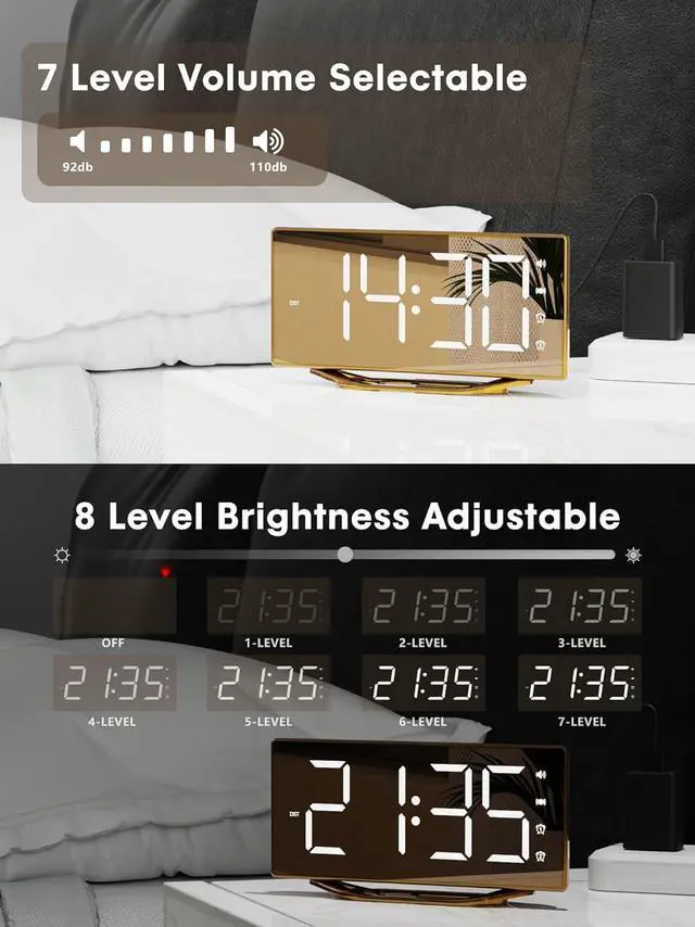 Alt view image 5 of 7 - Loud Alarm Clock for Heavy Sleeper, 2 Alarms Big Display Clock with Bed Shaker for Hard of Hearing Deaf,Plug in Bedroom Mirror Clock,Phone Charger,Dimmer,Simple Digital Clock for Senior Adult Teen Kid