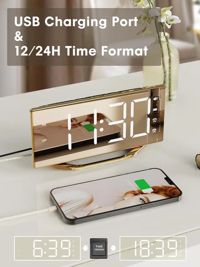 Alt view image 6 of 7 - Loud Alarm Clock for Heavy Sleeper, 2 Alarms Big Display Clock with Bed Shaker for Hard of Hearing Deaf,Plug in Bedroom Mirror Clock,Phone Charger,Dimmer,Simple Digital Clock for Senior Adult Teen Kid