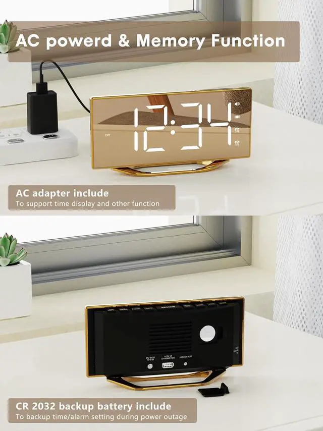 Alt view image 7 of 7 - Loud Alarm Clock for Heavy Sleeper, 2 Alarms Big Display Clock with Bed Shaker for Hard of Hearing Deaf,Plug in Bedroom Mirror Clock,Phone Charger,Dimmer,Simple Digital Clock for Senior Adult Teen Kid