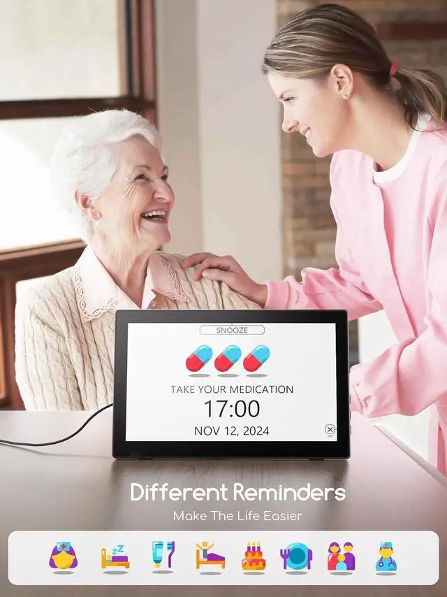 Alt view image 5 of 7 - Raynic Digital Clock, Large Display Calendar Clock with 12 Themes, 20 Alarms, 20 Reminders, Auto Dimming, 12/24 Hours, Indoor Temperature, Humidity for Seniors, Desk