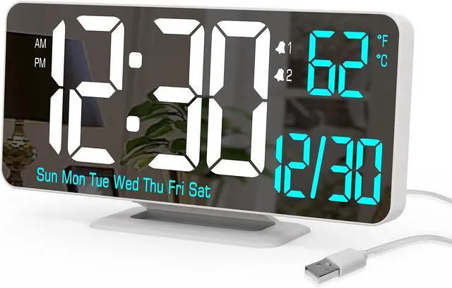 Main image of KOSUMOSU Digital LED Clocks for Bedrooms 6.7in White Alarm Clock, Dimming, 12/24h, Date, Day of Week,Temp,Desk Clock, LED Clock for Bedside, Digital Calendar Clocks for Living Room Essentials