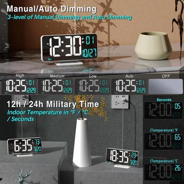 Alt view image 2 of 6 - KOSUMOSU Digital LED Clocks for Bedrooms 6.7in White Alarm Clock, Dimming, 12/24h, Date, Day of Week,Temp,Desk Clock, LED Clock for Bedside, Digital Calendar Clocks for Living Room Essentials