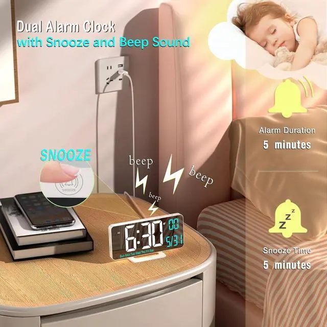 Alt view image 6 of 6 - KOSUMOSU Digital LED Clocks for Bedrooms 6.7in White Alarm Clock, Dimming, 12/24h, Date, Day of Week,Temp,Desk Clock, LED Clock for Bedside, Digital Calendar Clocks for Living Room Essentials